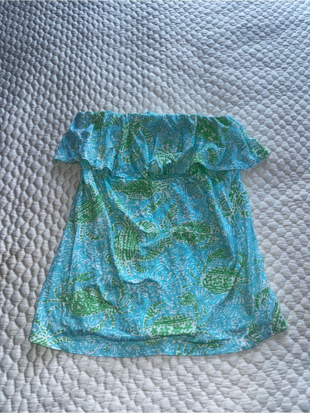 Lilly Pulitzer Off-Shoulder Ruffle Women’s Top Aqua & Green Crab Print Pattern